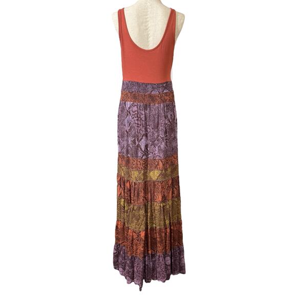 Anthropologie Size M Colima Tiered Snake Print Maxi Dress Purple Rust Hippy Boho - Picture 3 of 9